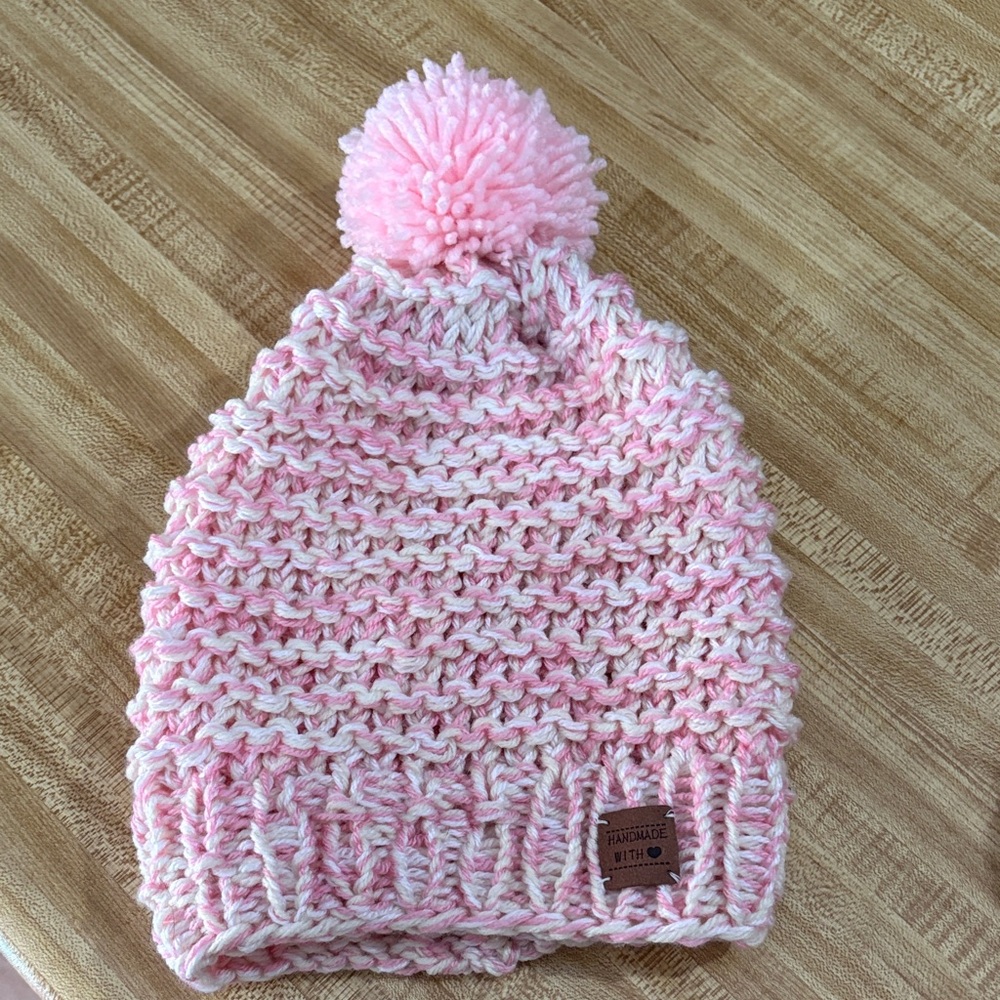 Handmade Chic Pink Knitted Slouchy Beanie with Pom-Pom